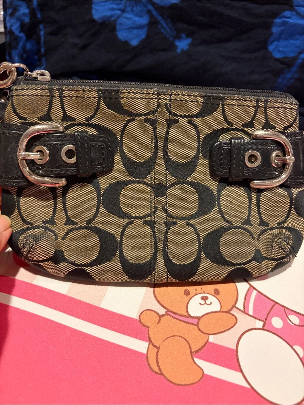 Coach Black & Tan Signature Canvas Wristlet with Buckle Accents